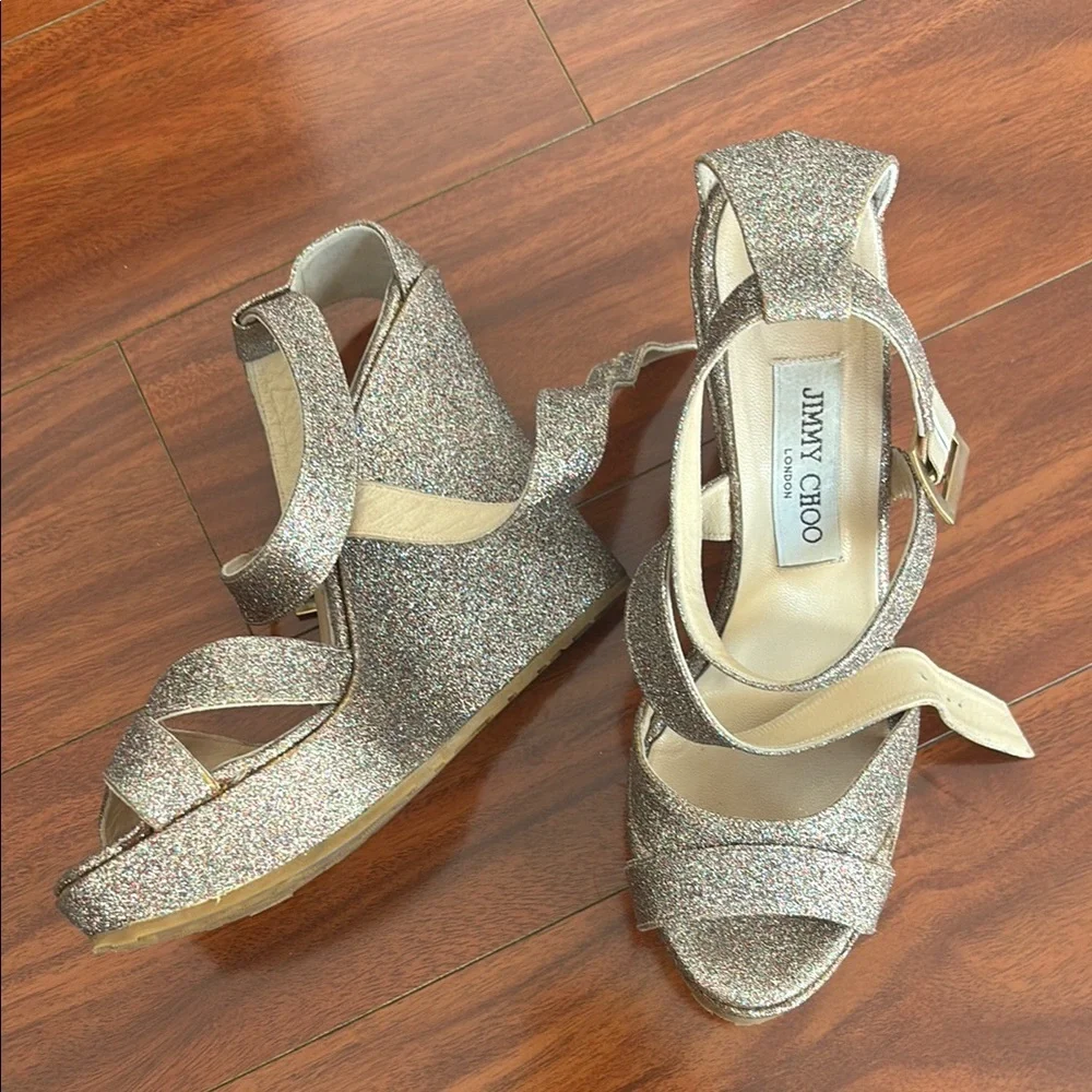 Jimmy Choo Size 40 Glitter Wedge Sandals